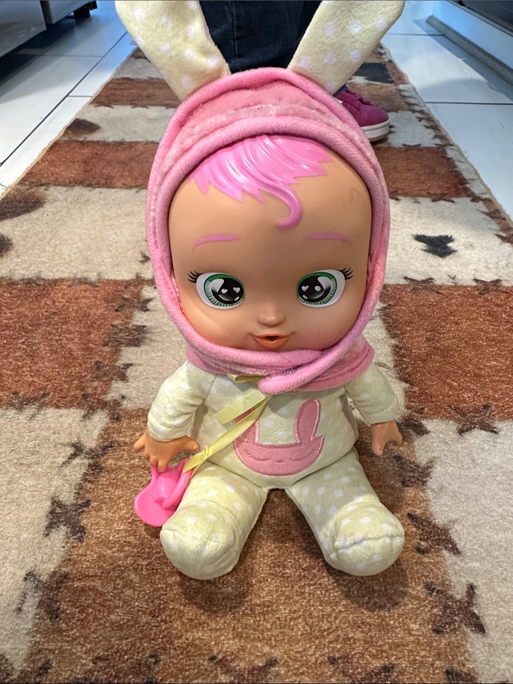 Plush Baby Doll in Pink Bunny Outfit - Cute Green-Eyed Doll